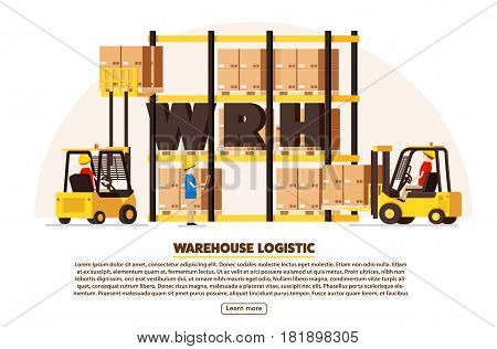 vector illustration of warehouse logistic background isometric objects car human forklift boxes workers vector eps 10 set