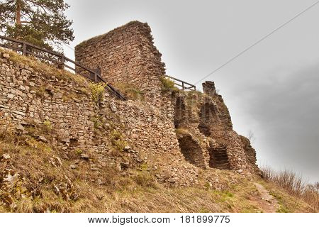 Zubstejn ruins of the castle built in the 13th century. It stands on a hill above the village Pivonice in Czech Republic. Overcast day
