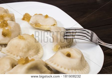 polish dumplings with cheese and onion, called 