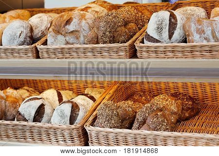 Artisan bread on the shelves in bakeshop.