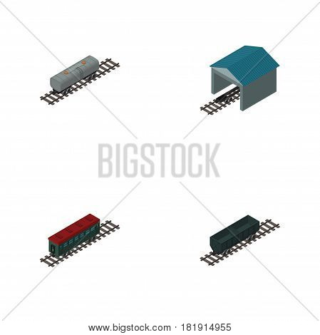 Isometric Wagon Set Of Subway Vehicle, Oil Wagon, Depot And Other Vector Objects. Also Includes Railway, Passenger, Coal Elements.