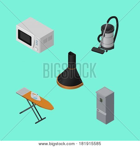 Isometric Appliance Set Of Air Extractor, Microwave, Vac And Other Vector Objects. Also Includes Vac, Stove, Vacuum Elements.