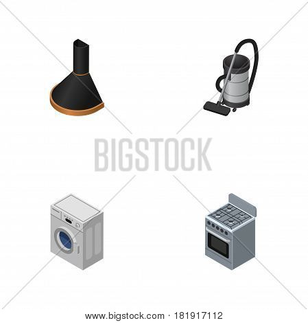 Isometric Technology Set Of Stove, Air Extractor, Vac And Other Vector Objects. Also Includes Cleaner, Vac, Machine Elements.