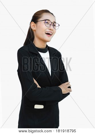 portrait of asian businesswoman isolated on white background and Bespectacled with telephone