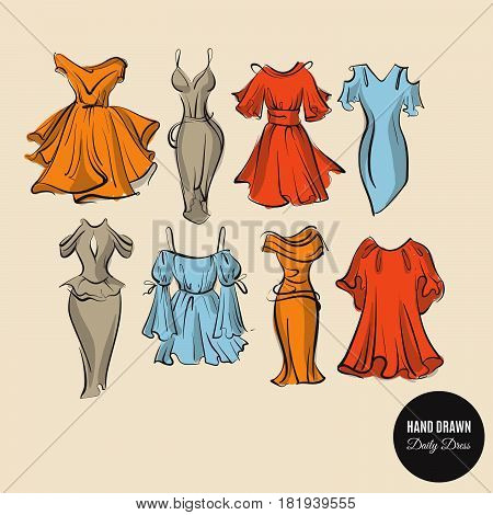 Vector colorful collection of hand drawn woman daily dresses made in sketch careless style. Template for business card poster banner flyer and print for t-shirt