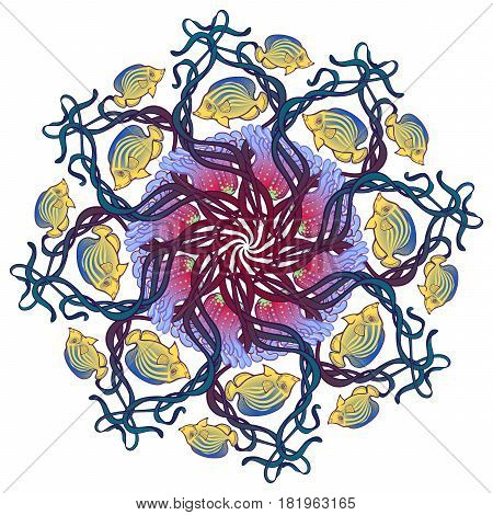 Circular ornament with actinia polyp, seaweed and other sea creatures in Art Nouveau style. Intricate composition, bright colours. Mandala tatoo. Textile print. EPS10 vector illustration.