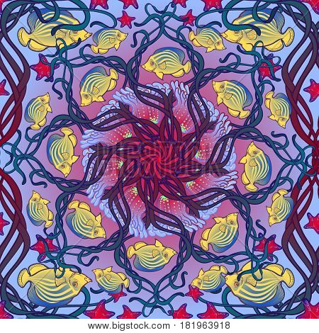 Seamless pattern with actinia polyp, seaweed and other sea creatures in Art Nouveau style. Intricate composition, bright colours. Textile print. EPS10 vector illustration.