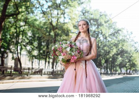 Close Up Portrait Of Beautiful Bride With Tattoo And Long Hair In Braids. Girl Dressed In A Classic
