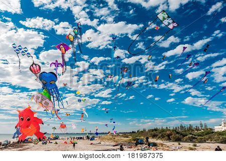Adelaide Australia - April 15 2017: Adelaide International Kite Festival at Semaphore Beach. Event gathered together international kite flyers from Australia New Zealand and Malaysia