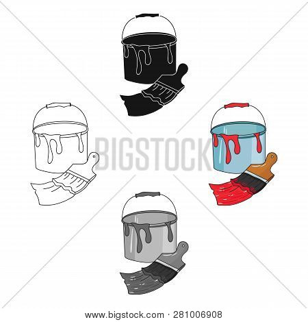 Bucket Of Paint And Paintbrush Icon In Cartoon Style Isolated On White Background. Artist And Drawin