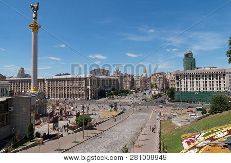 Kyiv, Ukraine, Europe - June 10, 2018: Airy View Of Independence Square In The Center Of Kyiv On Sun