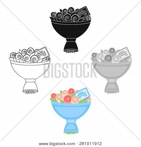 Flower Bouquet With A Note Icon In Cartoon Style Isolated On White Background. Event Service Symbol 