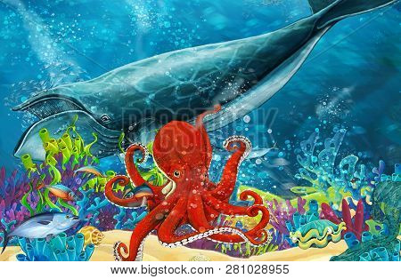 Cartoon Scene With Whale And Killer Whale And Octopus Near Coral Reef - Illustration For Children