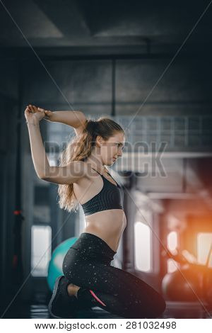 Portrait Young Attractive Healthy Woman Body Curve Fitness Doing Exercises Workout With Ball In Gym.