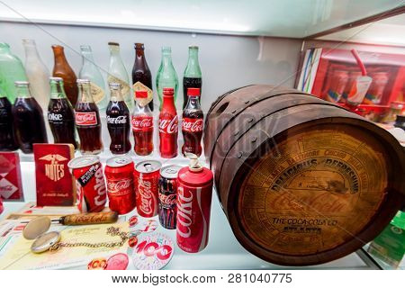 Kuleshovka, Russia - 13 December 2018: Various Coca-cola Cans, Bottles In Museum