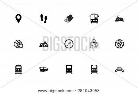 Stock Vector Simple Set Of Trip Around The World. Train Icon. Bus. Airplane Icon Travel. Laptop And 