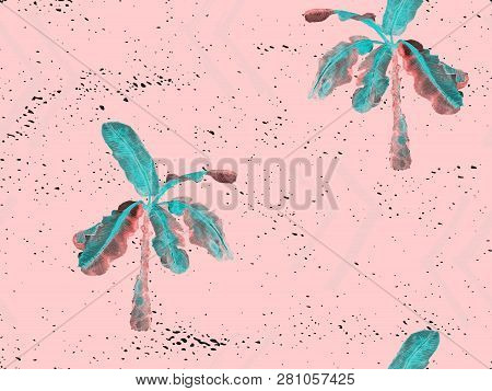 Indigo Exotic Pattern. Monstera Leaves And Hibiscus Flowers In Summer Print.  Hawaiian T-shirt And S