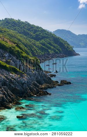 Aerial View point of Tropical white sand beach and snorkel point at cockburn island andaman sea indian ocean Myanmar and Thailand.