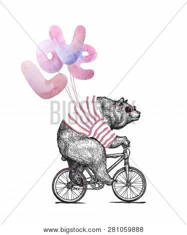 Cool Bear Wearing Sunglassess Ride Bicycle Balloons Love. Vintage Mascot Cute Fun Grizzly Cycle Vale