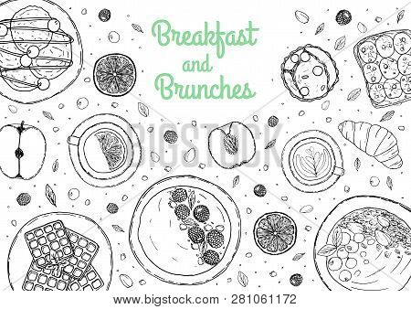 Banner Of Breakfast And Brunch Ingredient Top View. Food Elements Collection. Hand Drawn Vector Illu