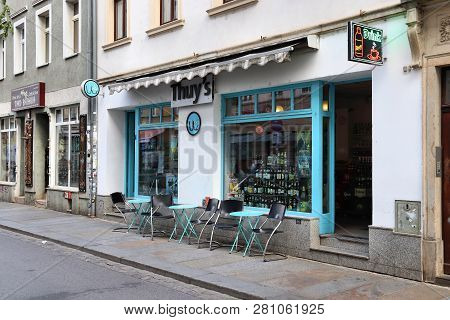 Dresden, Germany - May 10, 2018: Beer Bar In Neustadt District Of Dresden. Neustadt Is A Hip Distric