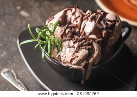 Chocolate Coffee Ice Cream Balls In A Bowl Over Dark Background