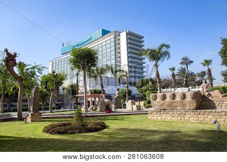 Egypt, Cairo, November, 2017 - Building Of Modern Hotel The Nile Ritz Carlton Near The Egyptian Nati