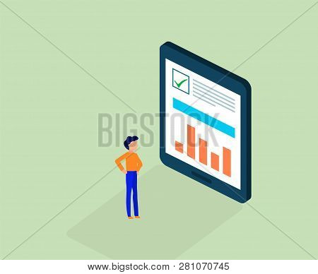 Business Concept. Man With Checklist On Clipboard And Draphic. Isometric Design