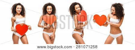 Collage Of Cloned African American Girl In Underwear Holding Heart Shaped Cards Isolated On White