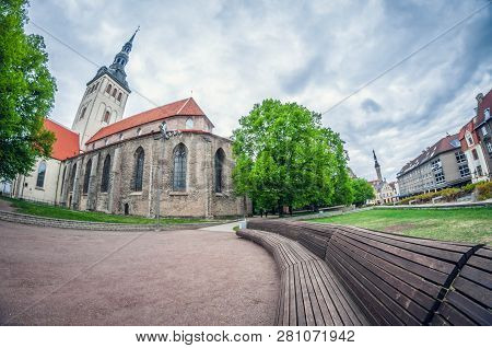 Estonia, Tallinn - May 17, 2016: Old Town Street. Distortion Perspective Fisheye Lens