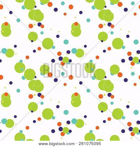 Seamless Pattern With Green, Violet, Orange, Blue Messy Different Geometric Shapes: Polygon, Hexagon