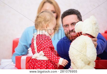 Happy Family With Present Box. Love And Trust In Family. Bearded Man And Woman With Little Girl. Fat