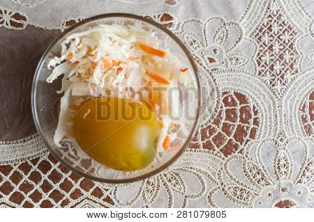 Sauerkraut And Tomato Home Preservation On The Table.