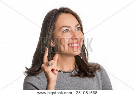 Closeup Portrait Of A Beautiful Young Woman Thinking Or Having An Idea Isolated On White Background.