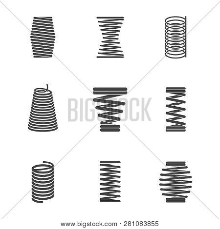 Flexible Steel Spiral. Metal Bended Wire Coils Shape Elastic And Compacted Forms Vector Icon Silhoue