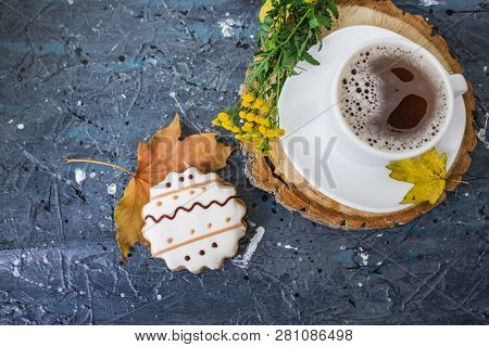 Hot Coffee Cup. Strong Coffee On Wooden Table Background. Fresh Coffee. Latte Coffee. Morning Coffee