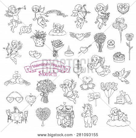 Valentines Day Sketch Icons With Vector Symbols Of Romantic Love Holiday. Hearts, Gifts And Balloons