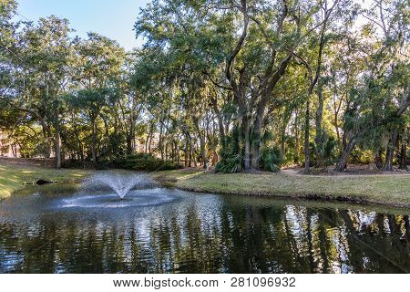 A Fountain In A Calm, Serence, Green Lake In An Oak Tree Forest