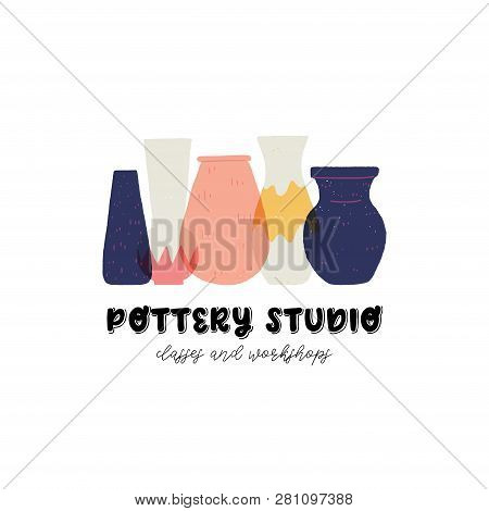 Colorful Vector Pottery Studio Design. Perfect Emblem For Ceramic Studio. Stoneware Vases And Jugs F