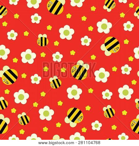 Funny Bee With Yellow Flower And Stars Seamless Pattern