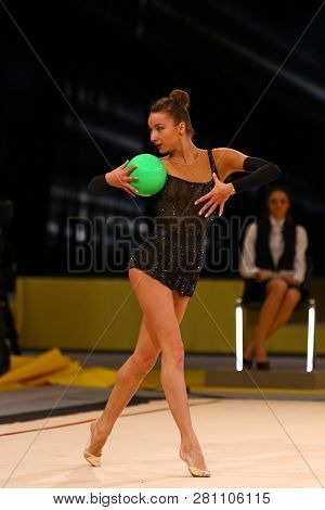 Kyiv, Ukraine - March 18, 2017: Rhythmic Gymnast Viktoria Mazur Of Ukraine Performs With Ball During