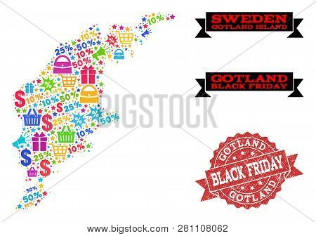 Black Friday Combination Of Mosaic Map Of Gotland Island And Rubber Stamp. Vector Red Watermark With