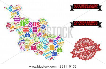 Black Friday Collage Of Mosaic Map Of Overijssel Province And Corroded Stamp Seal. Vector Red Seal W