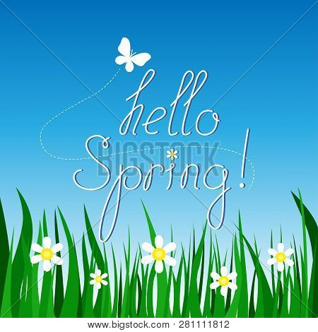 Hello Spring Vector Illustration Flower On Blue Background Sky And Grass