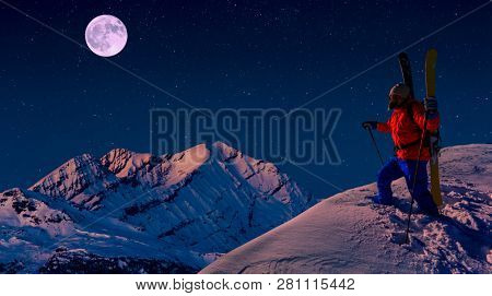 Scenic night panorama sunset landscape of Crans-Montana range in Swiss Alps mountains with peak in background, Crans Montana, Switzerland.
