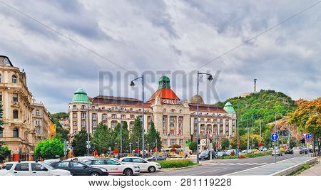 Budapest, Hungary - October 3, 2018: The Famous Gellert Hotel Palace Facade And Entrance With Geller