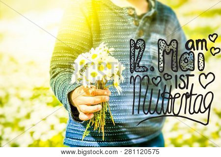 Child, Bouquet Of Daisy Flower, Calligraphy Muttertag Means Happy Mothers Day