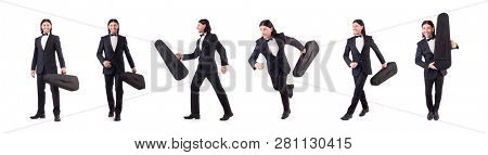 Man with violin case isolated on white