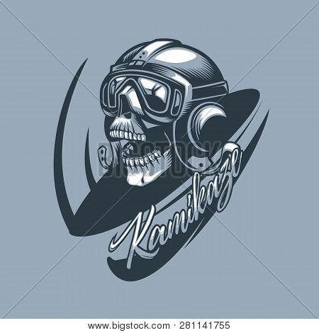 Kamikaze Skull In The Aircraft Cabin. Monochromic Tattoo Style.