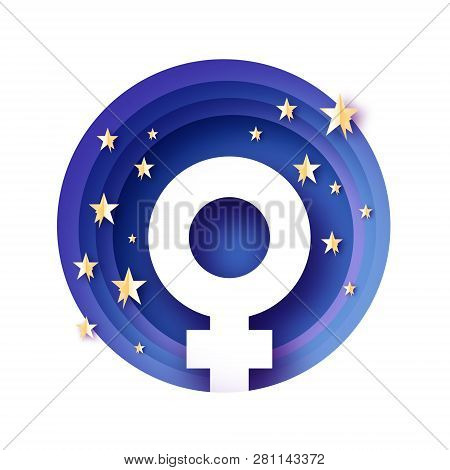 Women Symbol Paper Cut Style. Female Sign. Golden Star On Blue Sky. Gender Concept. Circle Layered T